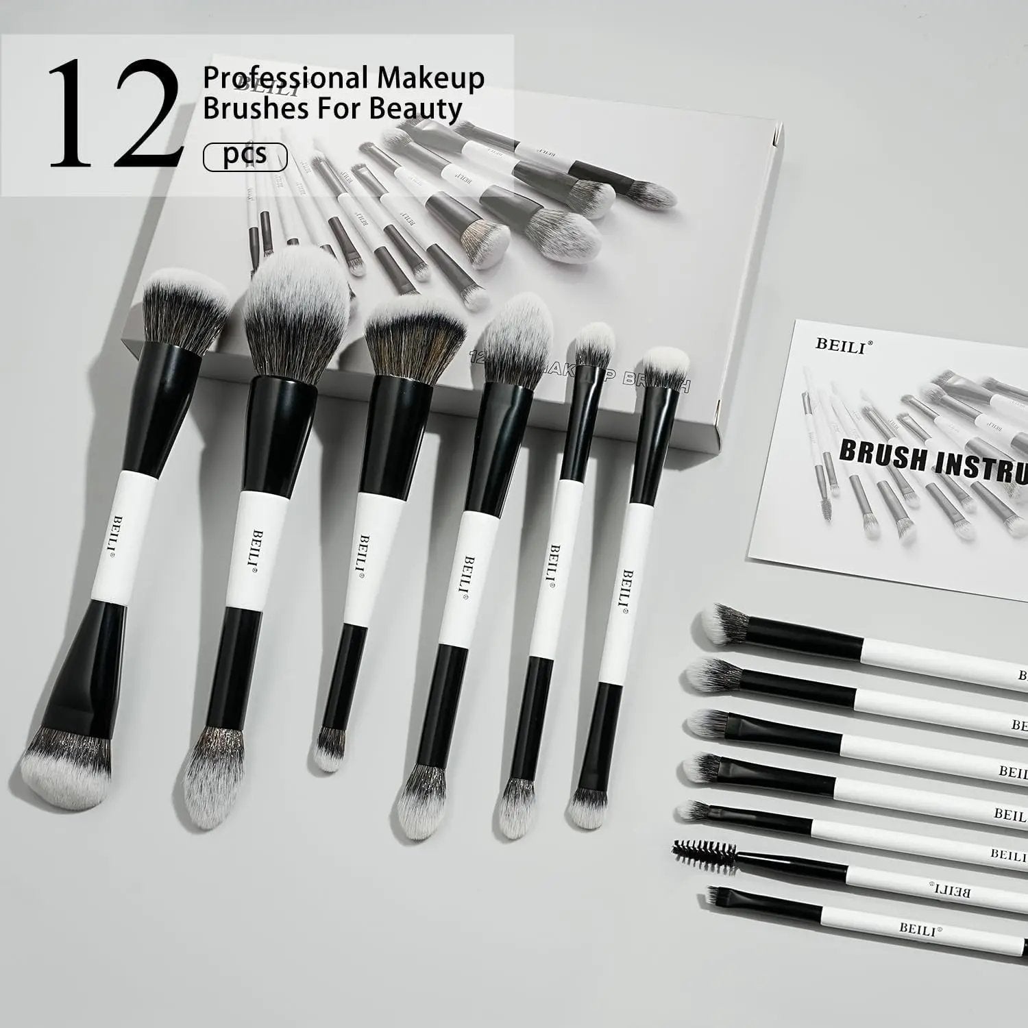 BEILI Makeup Brushes 12-Piece Professional Makeup Brushes Set, 18-in-12 Brush with Two Ends for Powder, Foundation, Concealer, Eyebrows, Eyeshadow, Contour, Eyeliner, Blender Brush