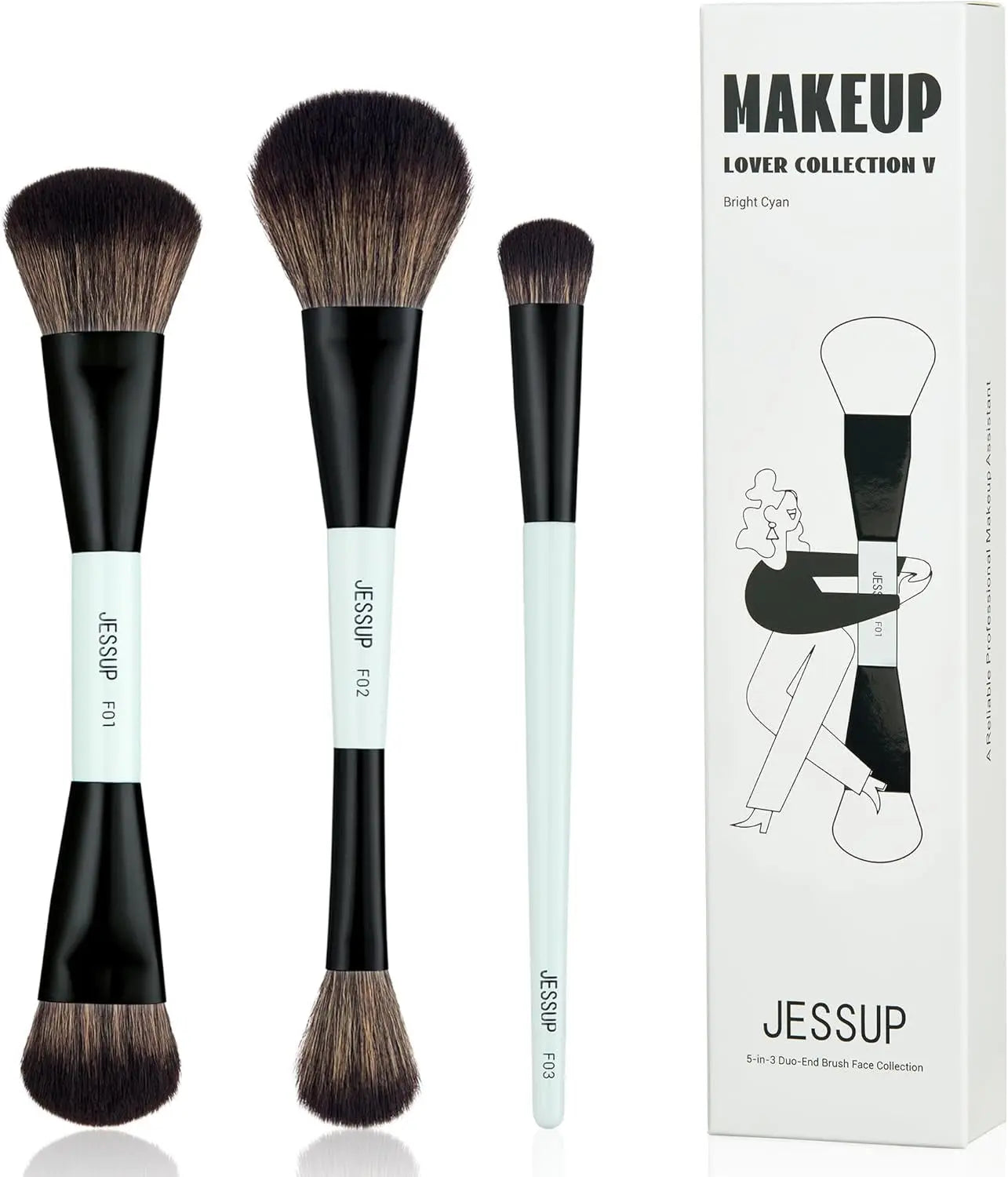 Jessup 3pcs Double Ended Premium Vegan Brush Set (Bright Cyan) T503