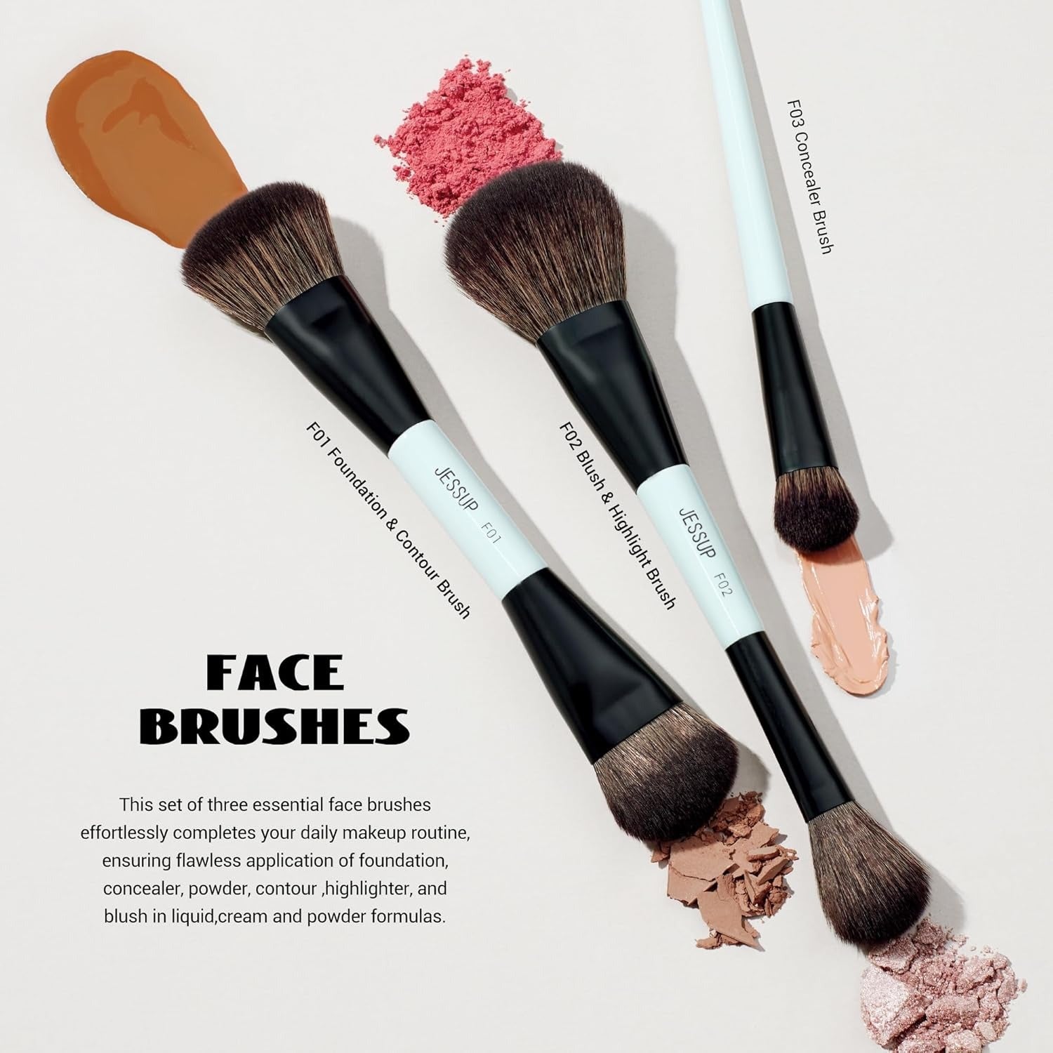 Jessup 3pcs Double Ended Premium Vegan Brush Set (Bright Cyan) T503