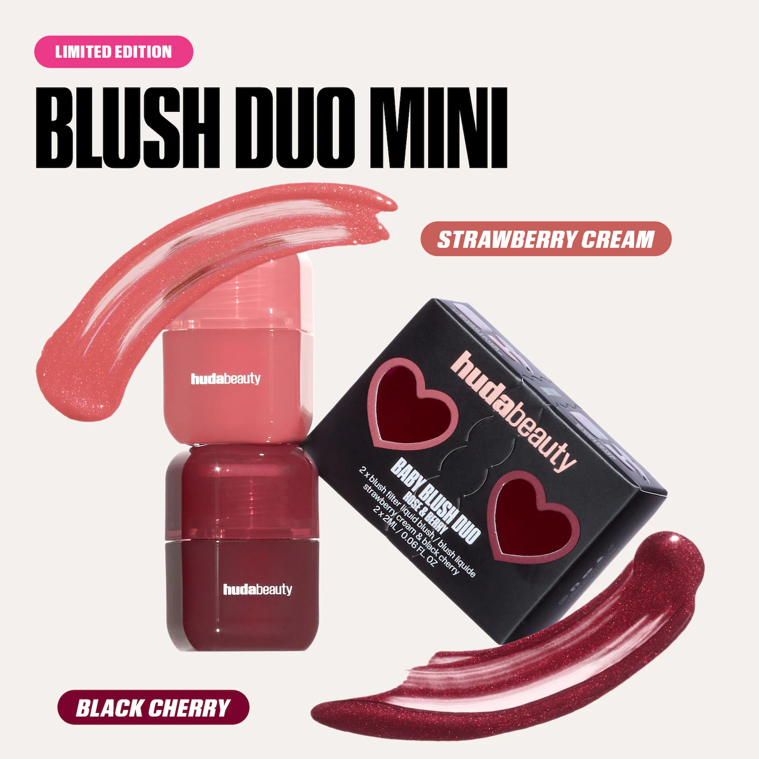 HUDA BEAUTY  Mini Baby Blush Duo Set Strawberry Cream and Black Cherry